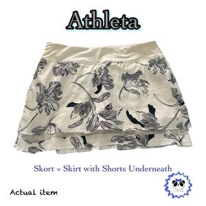 Athleta Tennis Skirt with hidden shorts, White Floral, Large, EUC